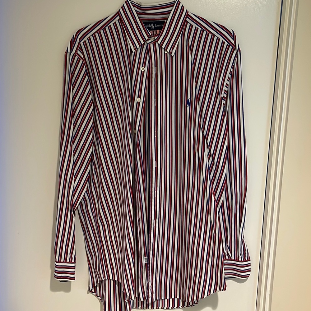 Mens polo red white and blue and black vertical stripe 16.5 large, pressed